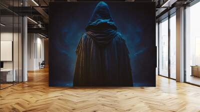 A man with no face wears a cloak.  Wall mural